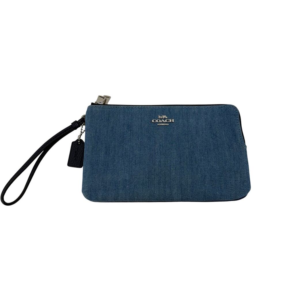 Coach Corner Double Zip Wristlet Wallet Signature Denim Leather Trim Blue 91833